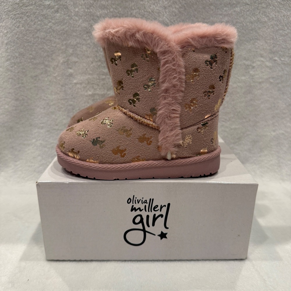Olivia Miller Girl Pink Gold Unicorn Faux Fur Trim Winter Boots Kids Size 10 NIN